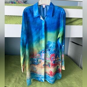 Leoma Lovegrove Tropical Print Button Up Sheer Cover-Up /Tunic Large